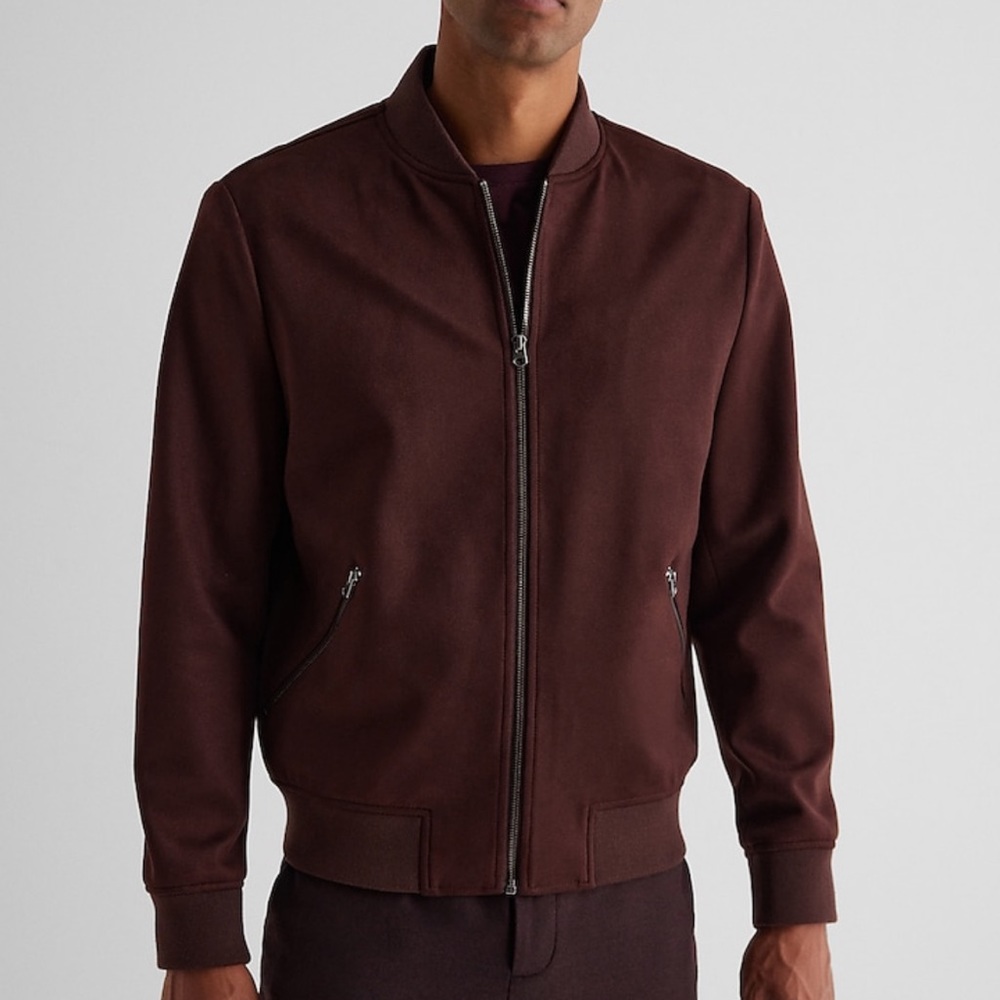 Men's Express Faux Suede Bomber Jacket Coat Pockets Burgundy Wine Full Zip Sz XL